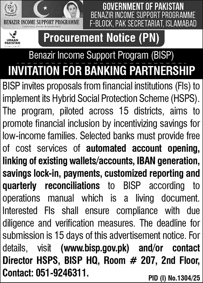 Benazir Income Support Programme Islamabad Tender Notice